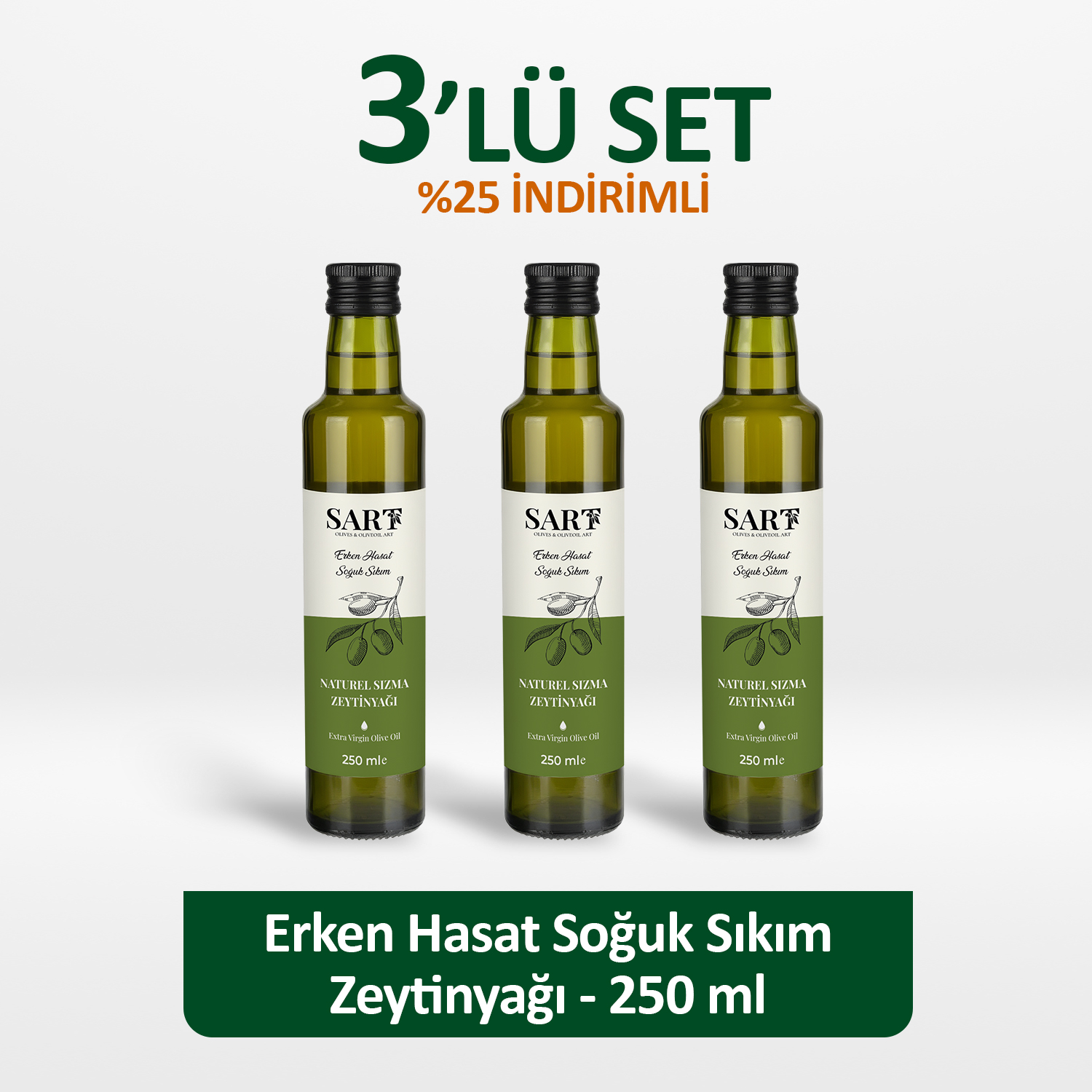 3 Adet x 250 ml Cam Şişe -  Erken Hasat Soğuk Sıkım Zeytinyağı