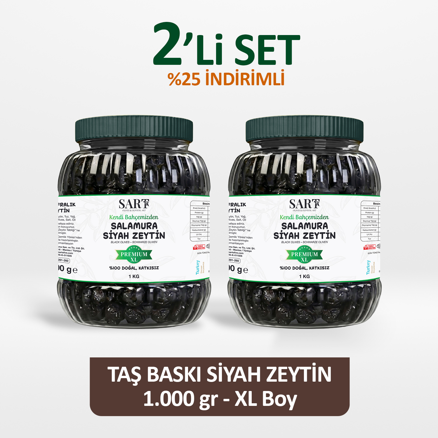 2 Adet x 1 KG - Taş Baskı Gemlik Sofralık Siyah Zeytin Premium XL