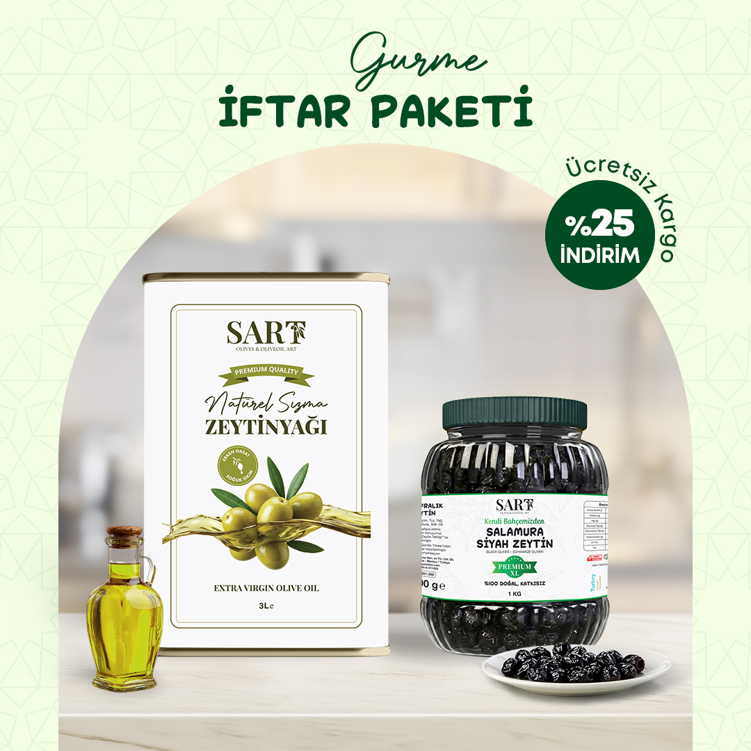 2'li İftar Paketi Gurme - 3 Lt. Erken Hasat Soğum Sıkım Zeytinyağı + 1 Kg Gemlik Sofralık Premium XL Siyah Zeytin